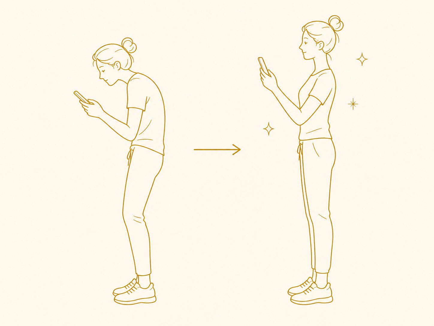 スマホを見て頭が前に出ている人と、まっすぐな姿勢の人を比べるイラスト