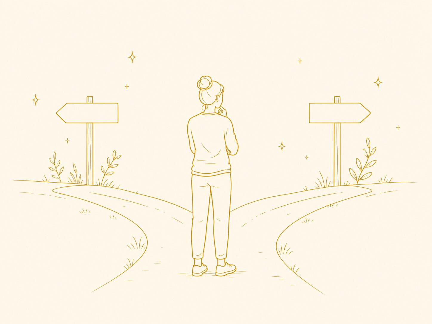 分かれ道でスタジオと整体院、どちらに進むか考える人のイラスト