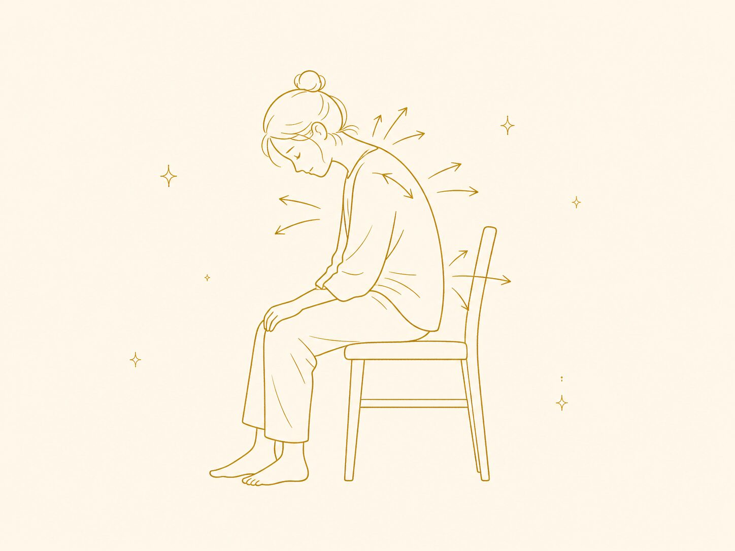 崩れた座り姿勢で体のあちこちに負担の矢印が向かうイラスト