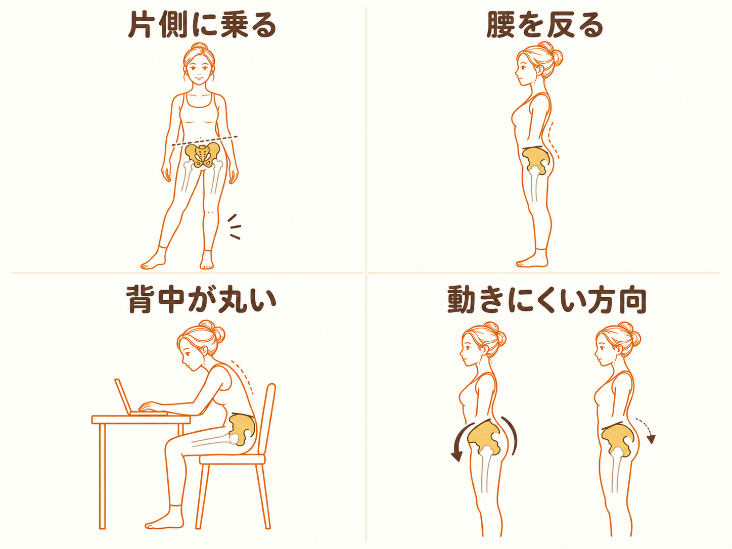 片側に乗る・腰を反る・背中が丸い・動きにくい方向の4つのクセ