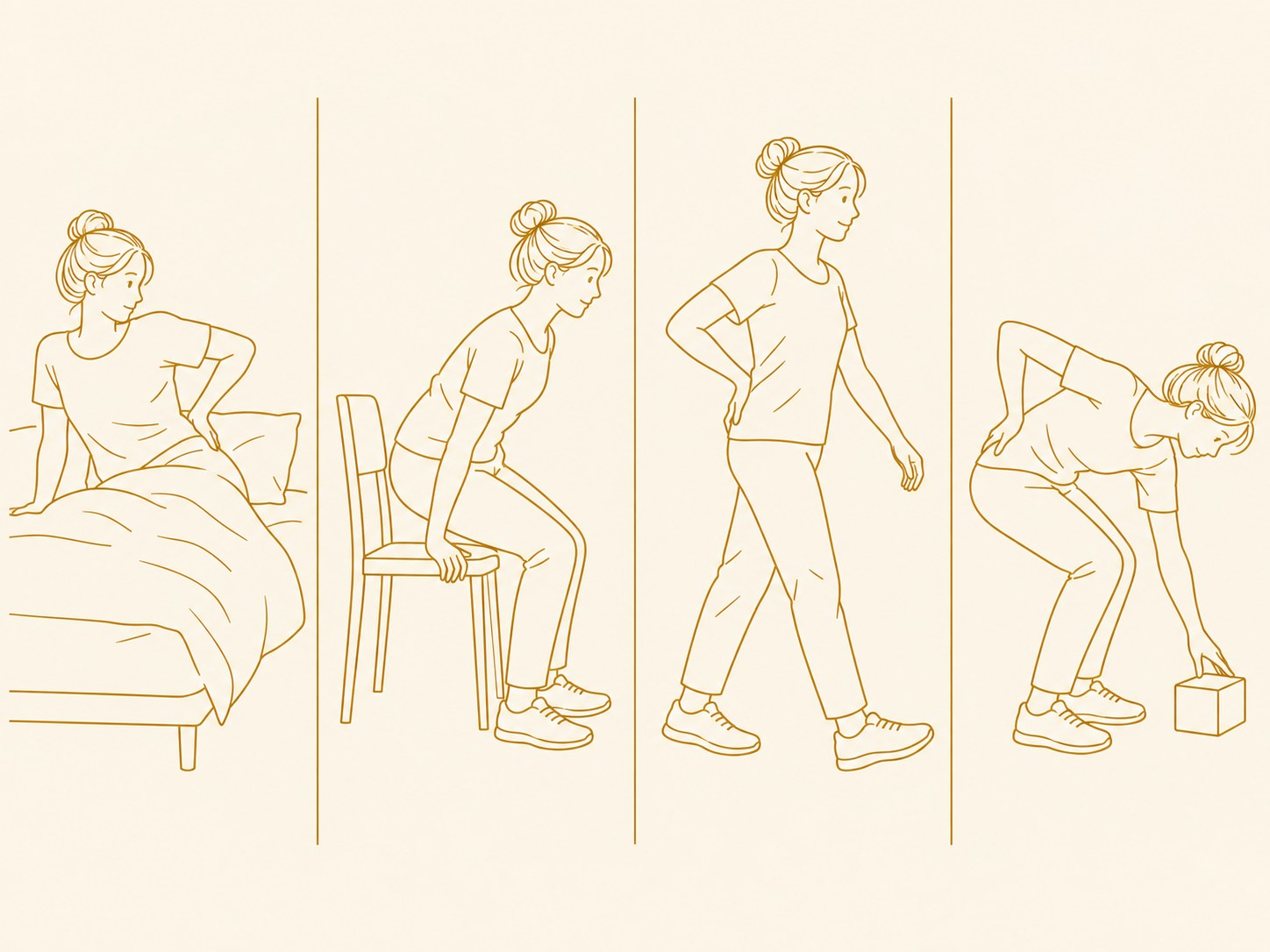 朝の起き上がり・椅子から立ち上がる・歩く・床の物を拾う、腰痛が出やすい4つの場面のイラスト